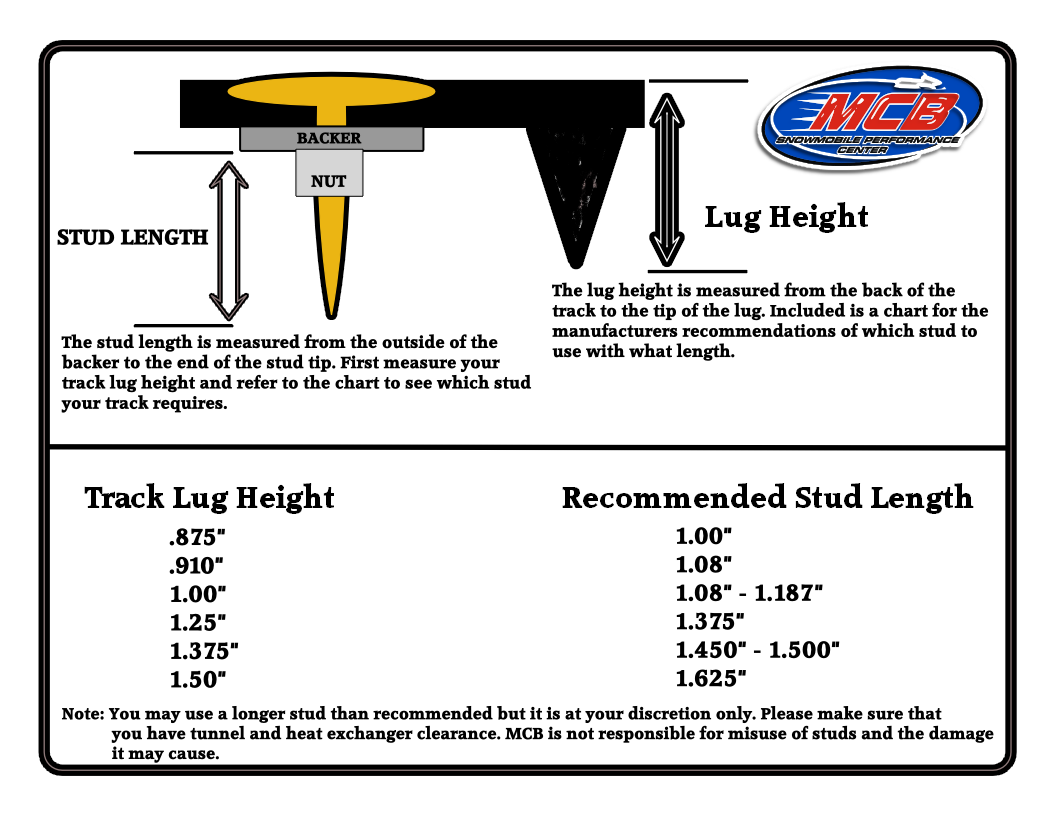tech amp quality snowmobile stud chart